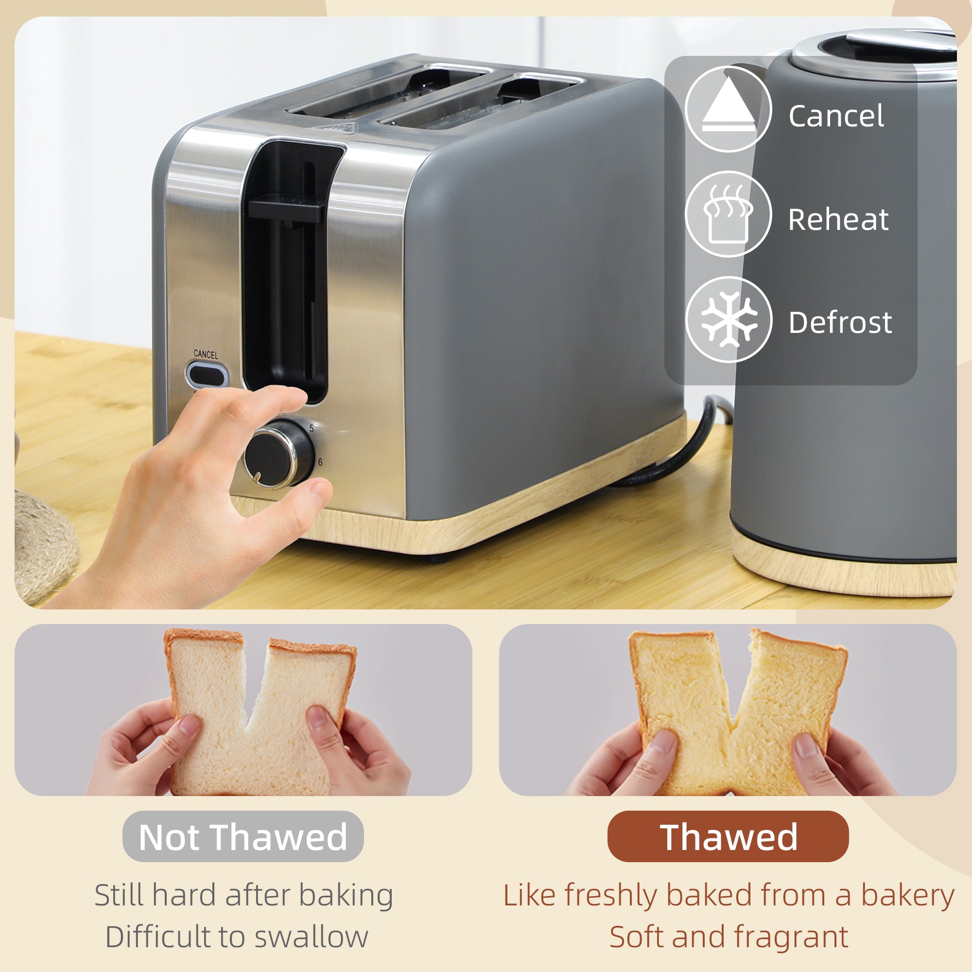Stainless Steel Kettle and Toaster Set, 1.7L 3000W Fast Boil Kettle & 2 Slice Toaster Kitchen Set with 7 Level Browning Controls, Defrost, Reheat, Auto Off, Boil-dry Protection, Grey