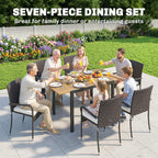 Outsunny 7 Piece Rattan Garden Furniture Set, 6 Seater Garden Table and 6 Stackable Chairs with Extendable Acacia Wood Tabletop