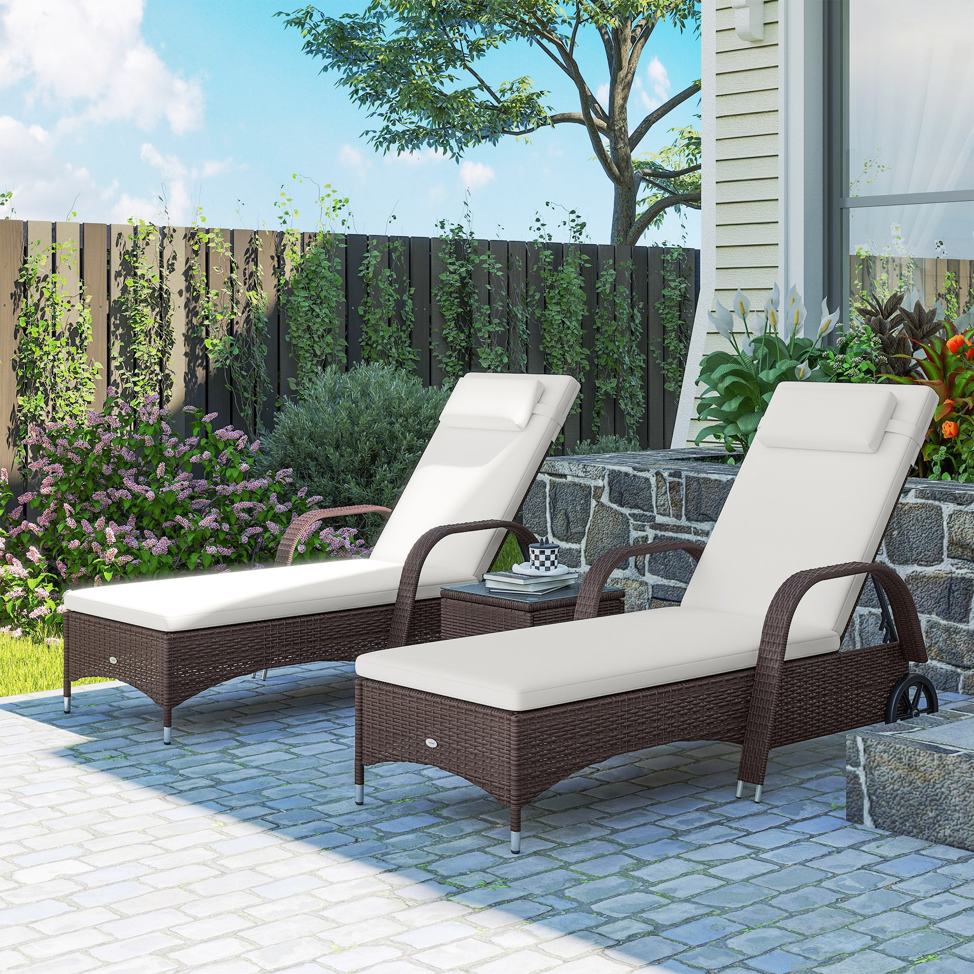 Outsunny Rattan Sun Loungers for Garden Set of 2 with Side Table, Garden Recliner Sunbeds with Adjustable Back, Wheels, Cushions and Headrest, 3 Pieces Garden Furniture Set for Outdoor, Patio, Brown
