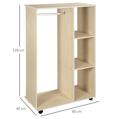 Open Wardrobe on Wheels, Bedroom Wardrobe with Clothes Hanging Rail, 3 Storage Shelves, Mobile Garment Rack for Cloakroom, Hallway, Maple Wood-Effect