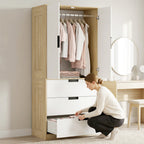 Modern Clothes Storage Cupboard Unit, 3 Drawer 2 Door Wardrobe with Hanging Rod, Oak