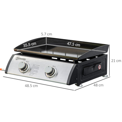 Outsunny Gas Plancha Barbecue Grill with 2 Stainless Steel Burner, 5kW, Portable Tabletop Gas BBQ with Non-Stick Griddle for Camping Picnic Garden Party Festival