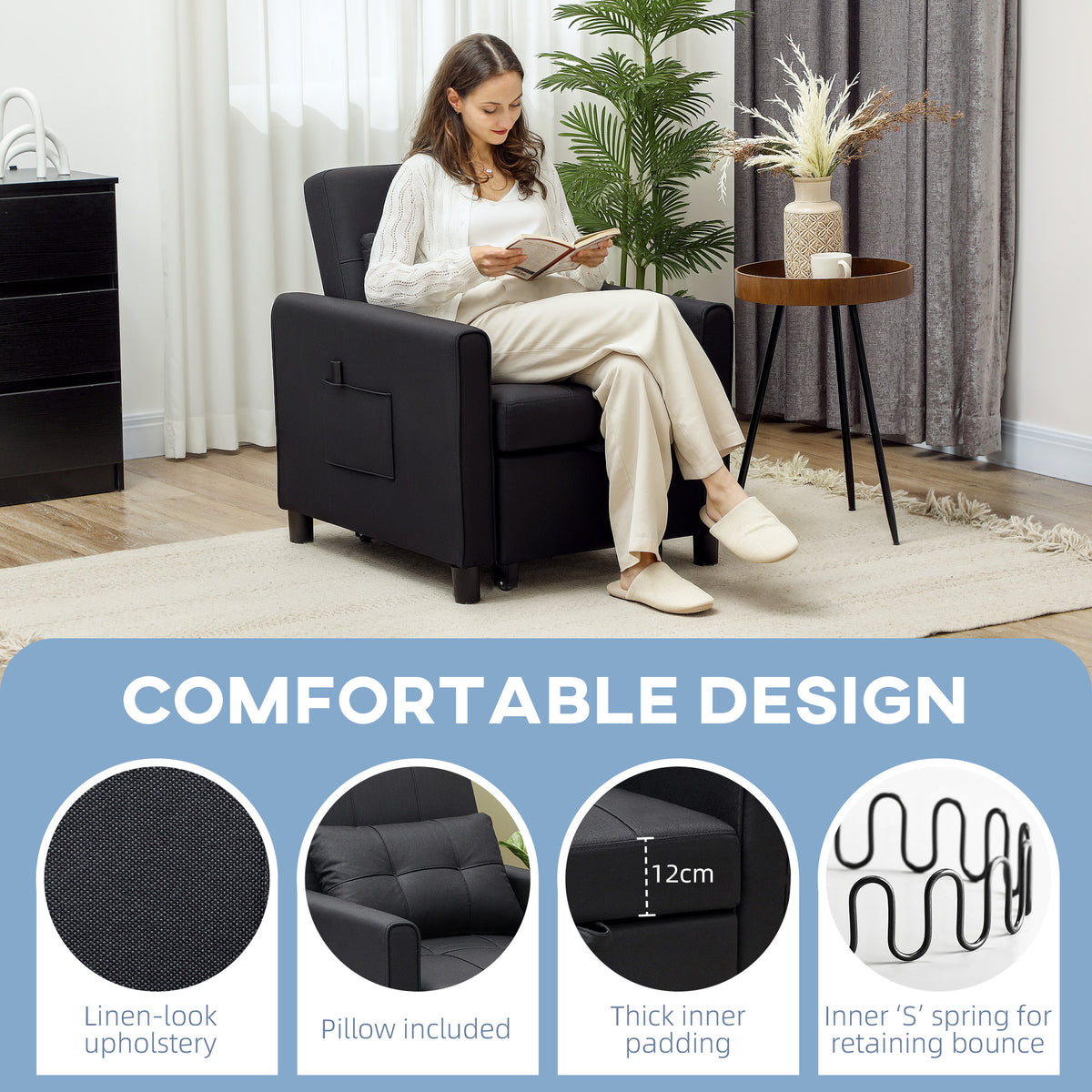3-In-1 Linen-Look Single Chair Bed with 11cm Thick Adjustable Back & Eucalyptus Wood Sofa Frame - Black