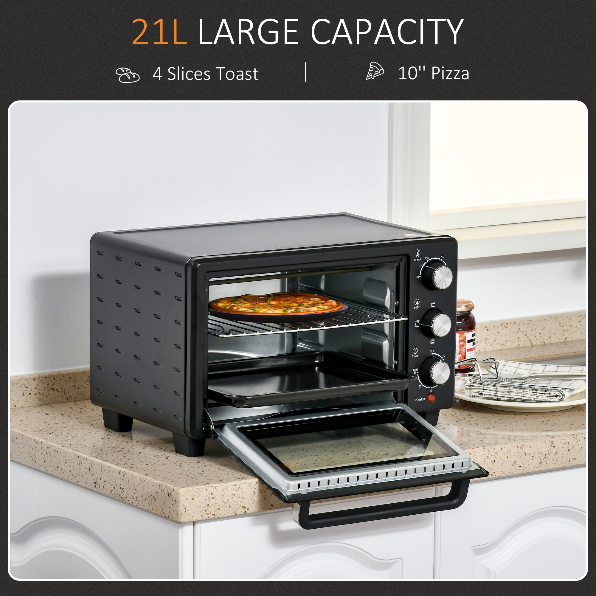 21L Mini Countertop Oven, 100°C-230°C Adjustable Temp - Black