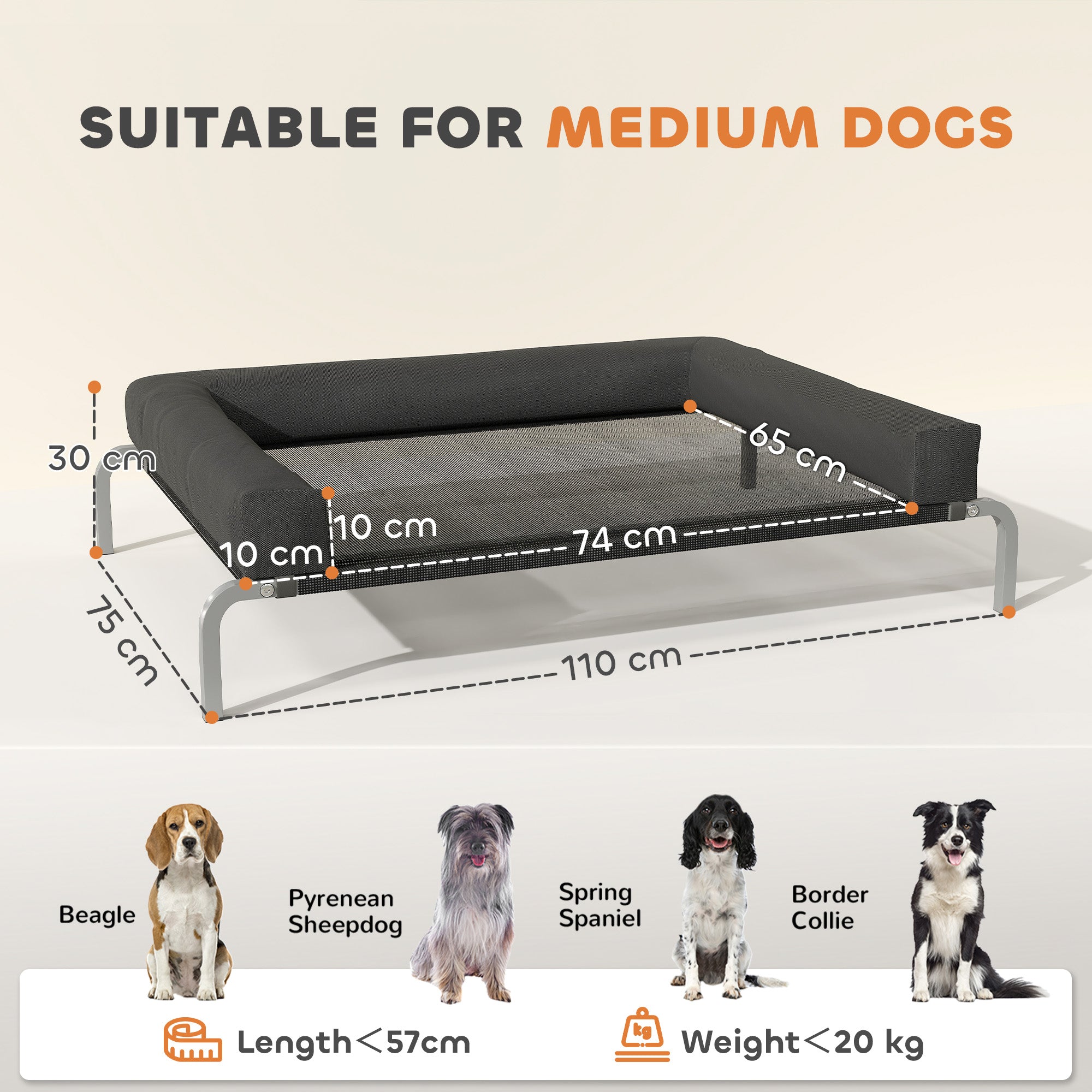 PawHut Elevated Dog Bed with Removable Bolsters, Raised Dog Bed for Medium Breeds, Portable Indoor & Outdoor Pet Cots, Black
