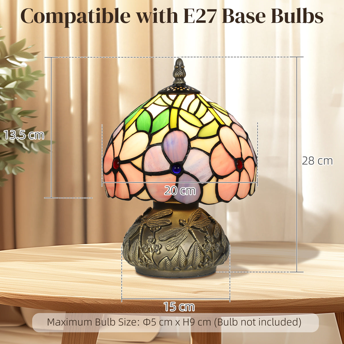 Tiffany-Style Table Lamp with Sculpted Dragonfly Base, Handcrafted Classic Stained Glass Bedside Lamp for Living Room and Bedroom, E27 Socket, Pink