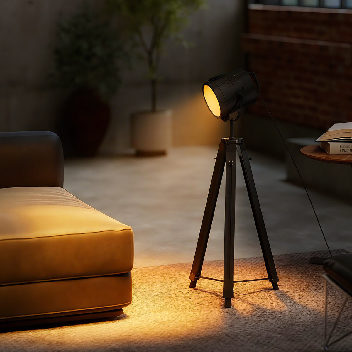 Industrial Tripod Floor Lamp, Nautical Searchlight with Adjustable Height, Wood Legs, E14 Lamp Base for Living Room, Bedroom, Black