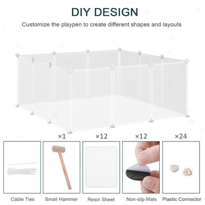 PawHut Pet Playpen DIY Small Animal Cage Open Enclosure Portable Plastic Fence 12 Panels for Hedgehog Guinea Pig White