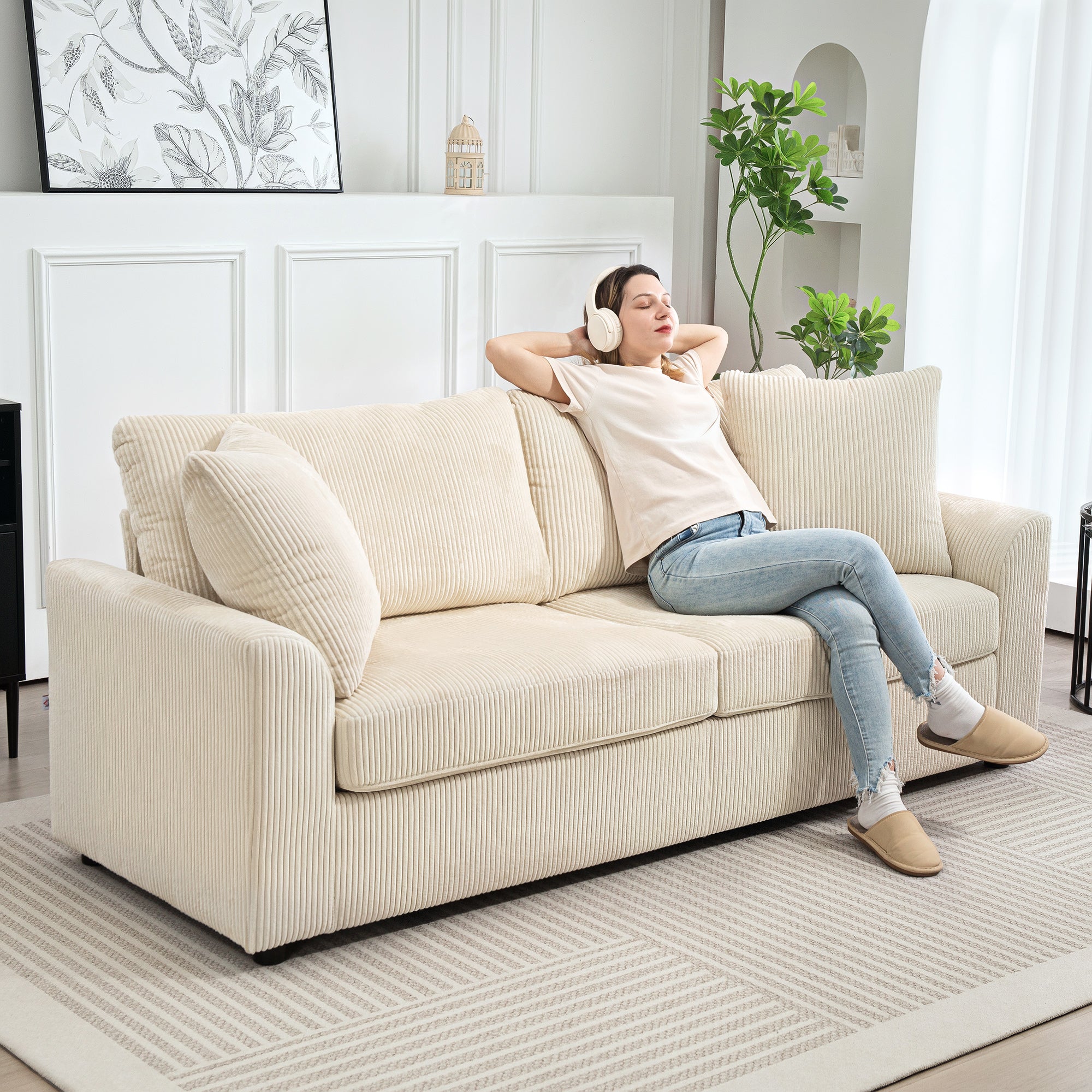 HOMCOM Modern 3 Seater Sofa with Spring Cushion, 212 cm Fabric Jumbo Cord Sofa Couch with 2 Scatter Cushions, Upholstered Corduroy Settee for Living Room, Bedroom, Home Office, Cream White