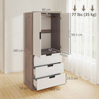 Modern Clothes Storage Cupboard Unit, 3 Drawer 2 Door Wardrobe with Hanging Rod, White/Brown