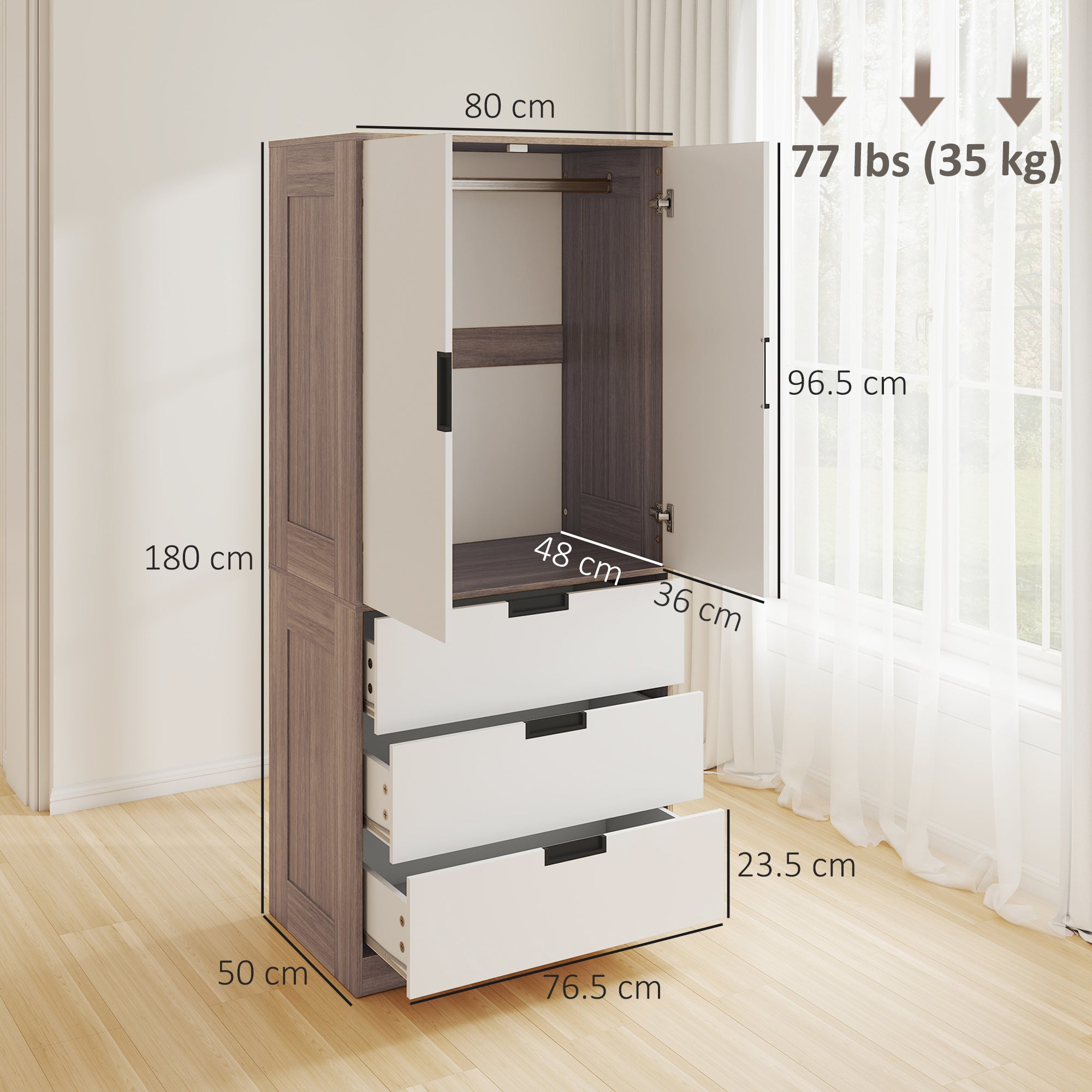 Modern Clothes Storage Cupboard Unit, 3 Drawer 2 Door Wardrobe with Hanging Rod, White/Brown