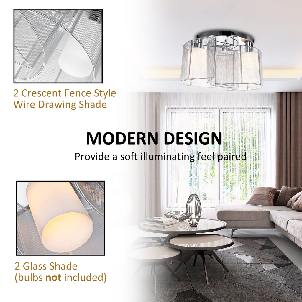Modern Chandelier, Semi-Flush Mount Ceiling Light with Glass Lampshade, 2 x E27 Bulb Base for Hallway, Dining Room, Living Room, White and Silver