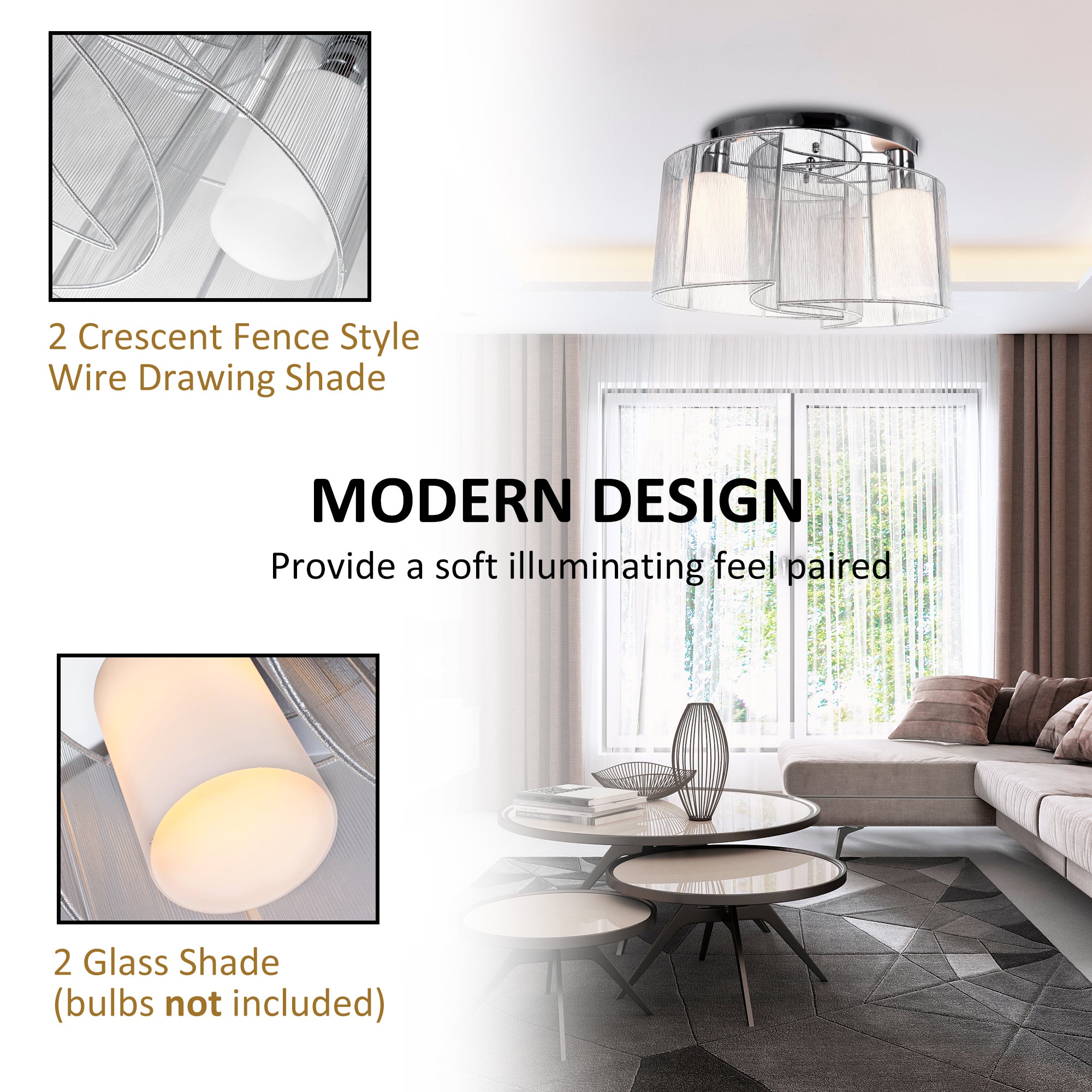 Modern Chandelier, Semi-Flush Mount Ceiling Light with Glass Lampshade, 2 x E27 Bulb Base for Hallway, Dining Room, Living Room, White and Silver