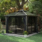 Outsunny 2.5 x 2.5 m Hardtop Gazebo Canopy with 7mm PC Roof, Garden Gazebo Permanent Pavilion with Netting, Curtains, Dark Grey