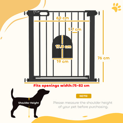 PawHut Dog Gate with Cat Flap Pet Safety Gate Barrier, Stair Pressure Fit, Auto Close, Double Locking, 75-82 cm Black