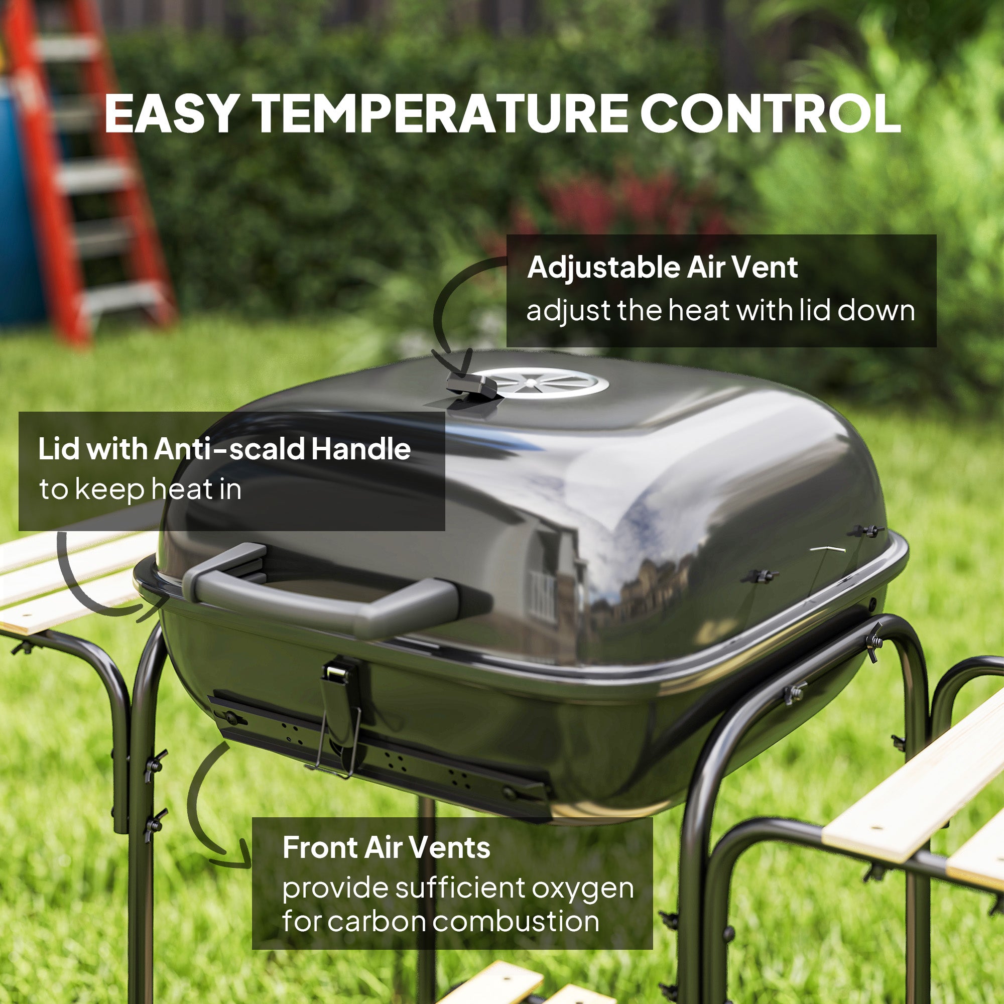 Outsunny Charcoal Barbecue Grill Portable BBQ Grill with 1840 cm² Cooking Area, 3 Shelves, Adjustable Vent, Lockable Lid, Wheels for Outdoor Cooking, Garden Party, Black