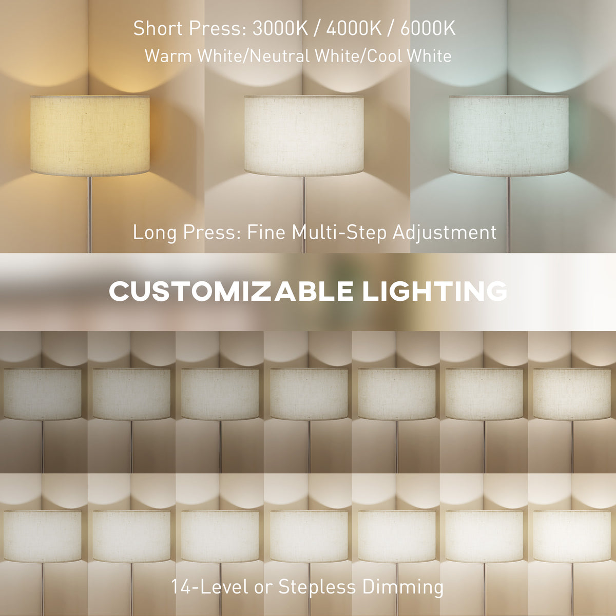 Floor Lamp with Remote, Height Adjustable Standing Lamp with Linen Shade, Dimmable with 3000K-6000K Adjustable Colour Temperatures, Foot Switch for Living Room Bedroom Office, Silver Tone