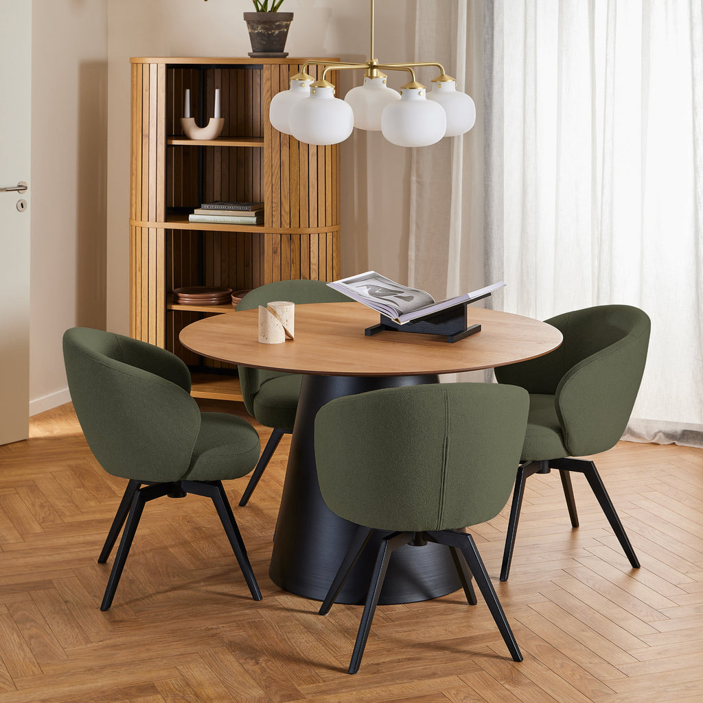 Sullivan Round Dining Table in Oak/Black 120cm includes 4 Marlene Dining Chairs with Armrest and Swivel Function in Green