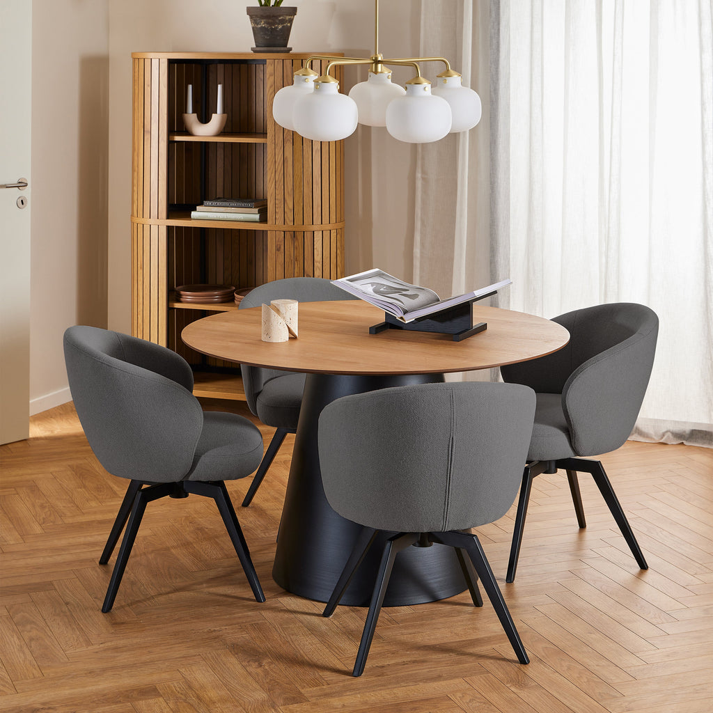 Sullivan Round Dining Table in Oak/Black 120cm includes 4 Marlene Dining Chairs with Armrest and Swivel Function in Grey