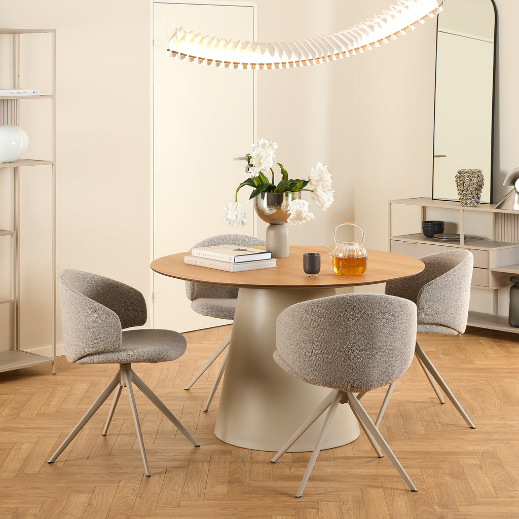 Sullivan Round Dining Table in Oak/Grey 120cm includes 4 Elenor Swivel Beige Dining Chairs