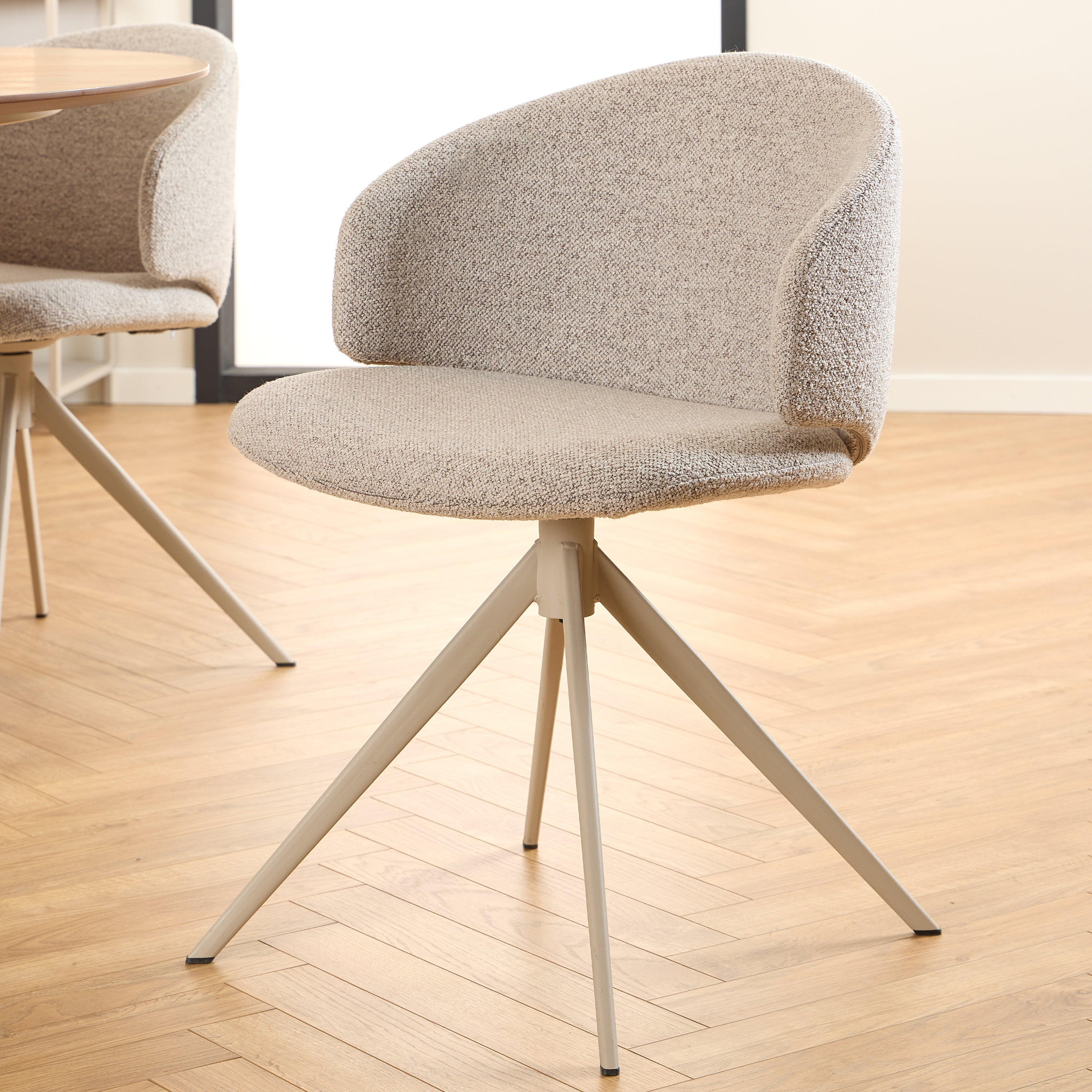 Sullivan Round Dining Table in Oak/Grey 120cm includes 4 Elenor Swivel Beige Dining Chairs