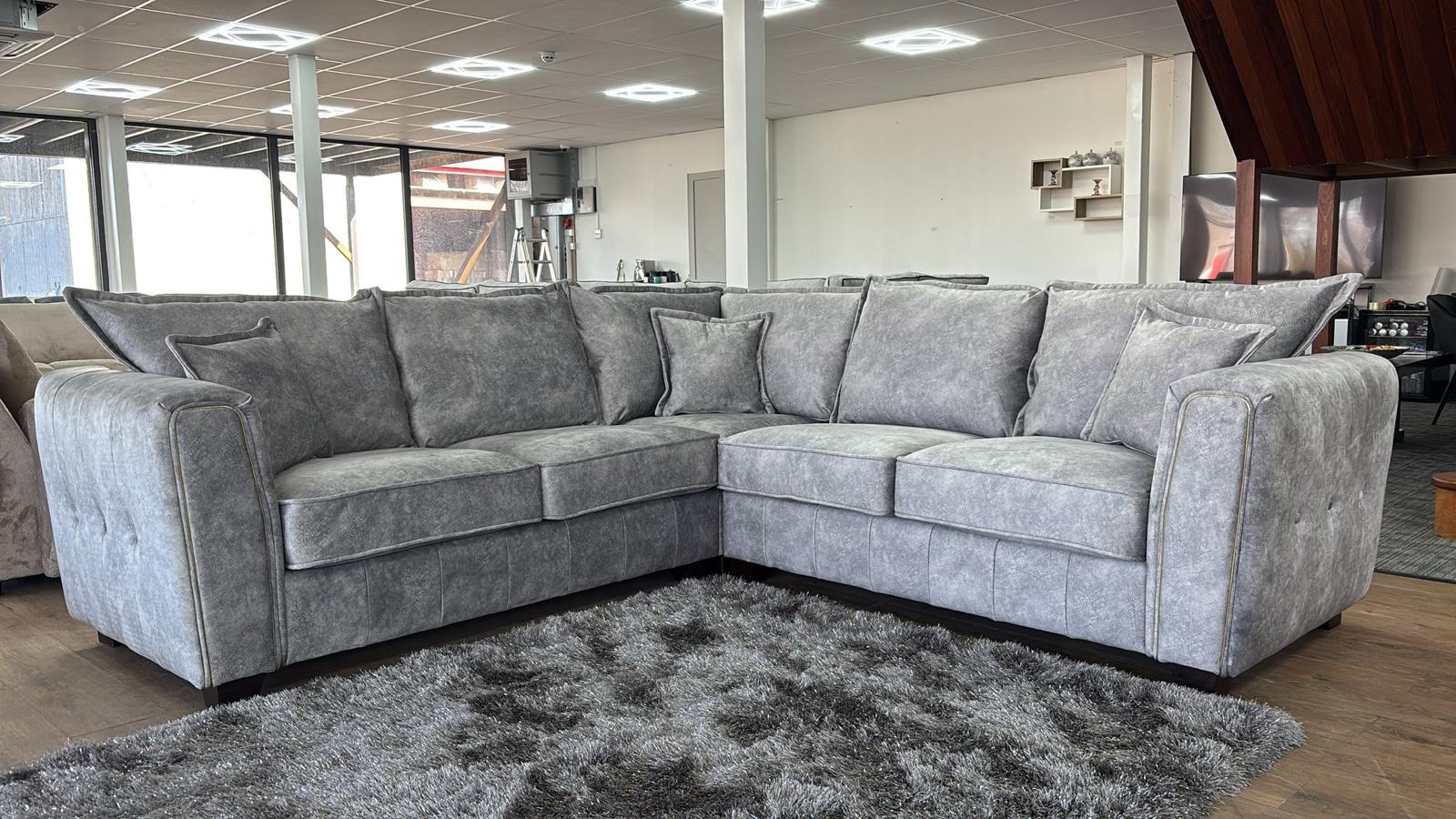 Luxury Serena Grey Large Corner Sofa with Metal Trim & Quilted Sides