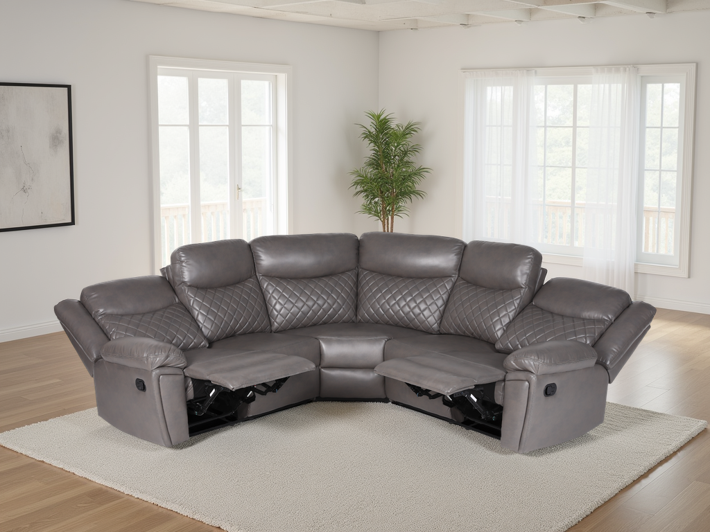 Myra Grey Large Corner Recliner Sofa with Quilted Cushions and Leather Air