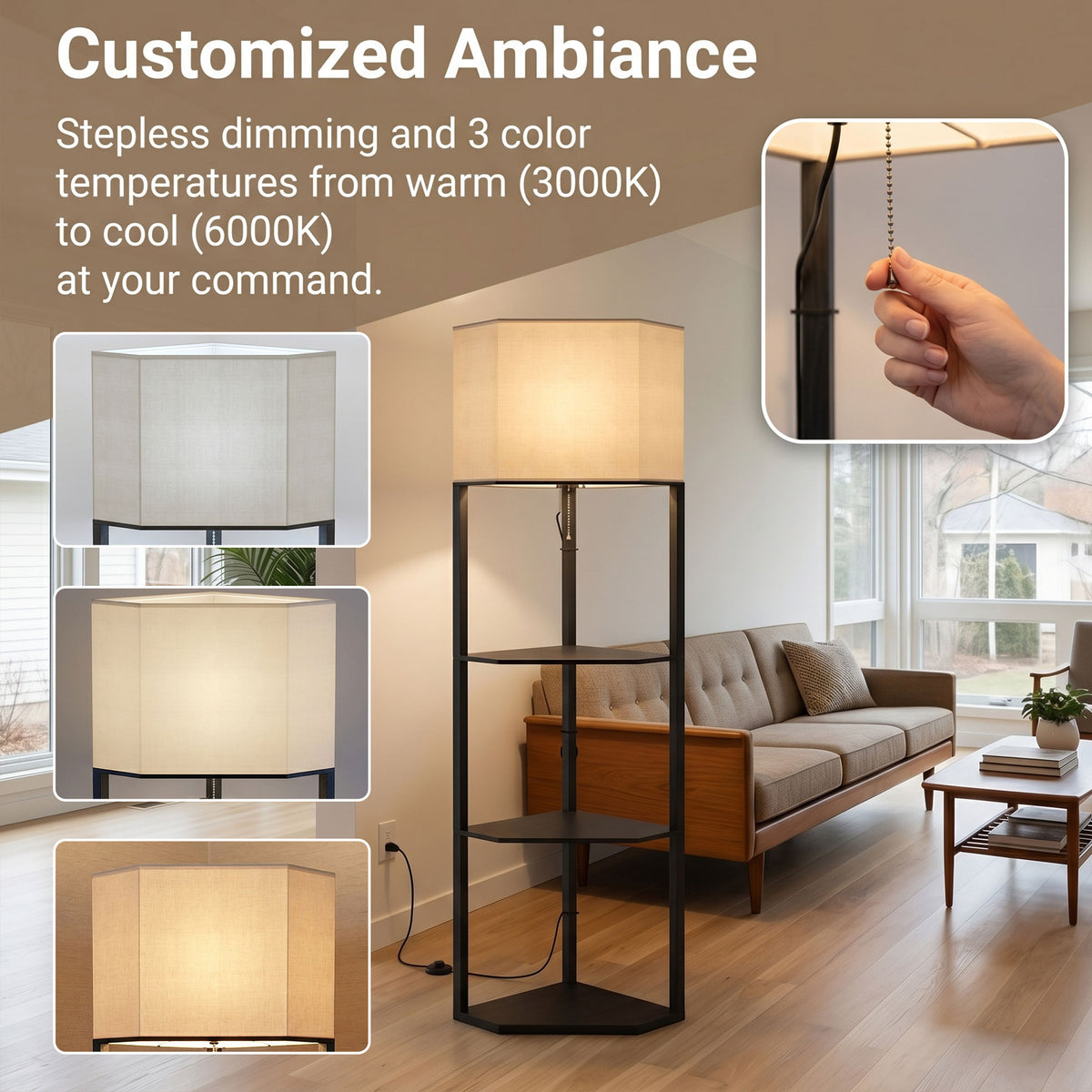 Corner Floor Lamp with Shelves and Lights, Modern Dimmable Standing Lamp with 3000K/4000K/6000K Colour Temperature