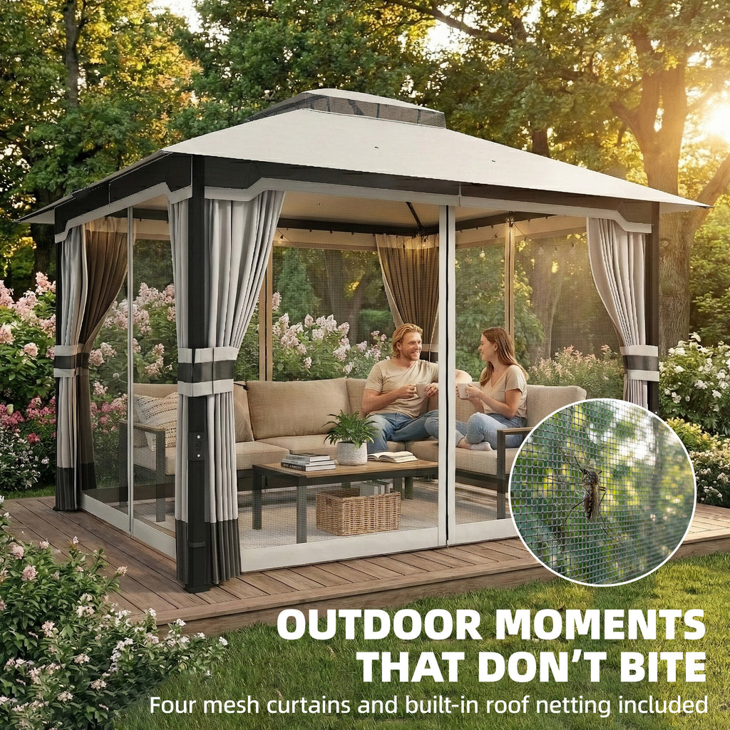 Outsunny 3 x 3.6 m Outdoor Garden Gazebo with Netting and Curtains, Double Roof Patio Gazebo Permanent Pavilion, Light Grey