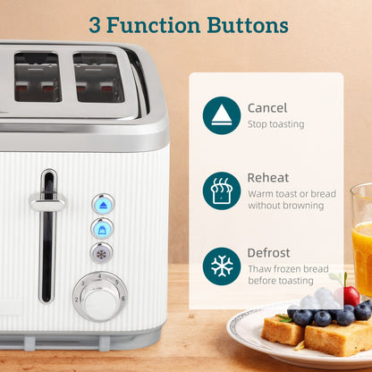 Electric Stainless Steel Kettle and Toaster Set, 3000W 1.7L UK Strix Thermostat Fast Boil Kettle w/ Limescale Filter, Cool Touch Body, 4 Slice Toaster with 7 Browning Levels, White