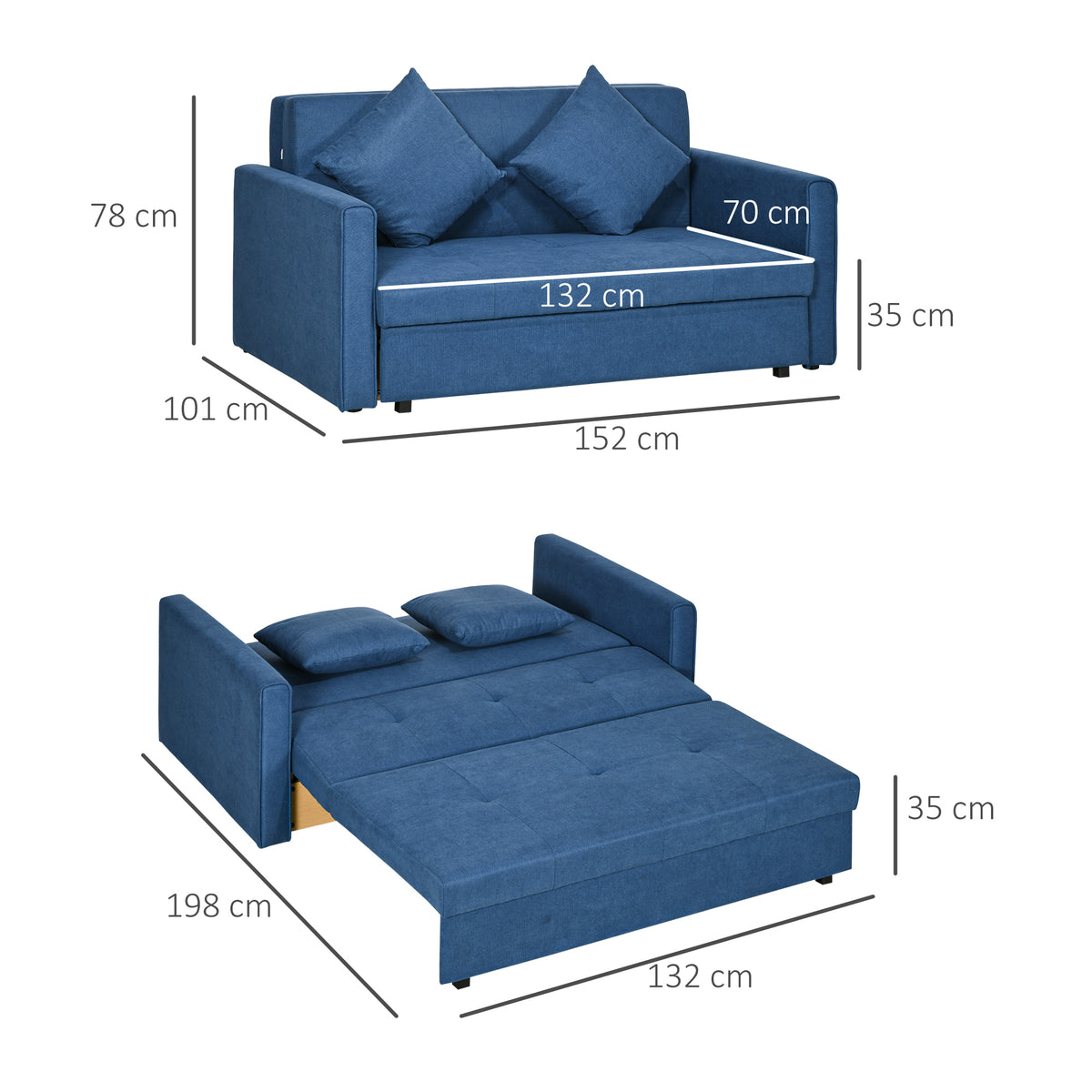 2 Seater Sofa Bed with Hidden Storage, Pull Out Convertible Bed Settee, Modern Snow Flannel Loveseat Sofa Sleeper with 2 Cushions for Living Room, Guest Room, Deep Blue