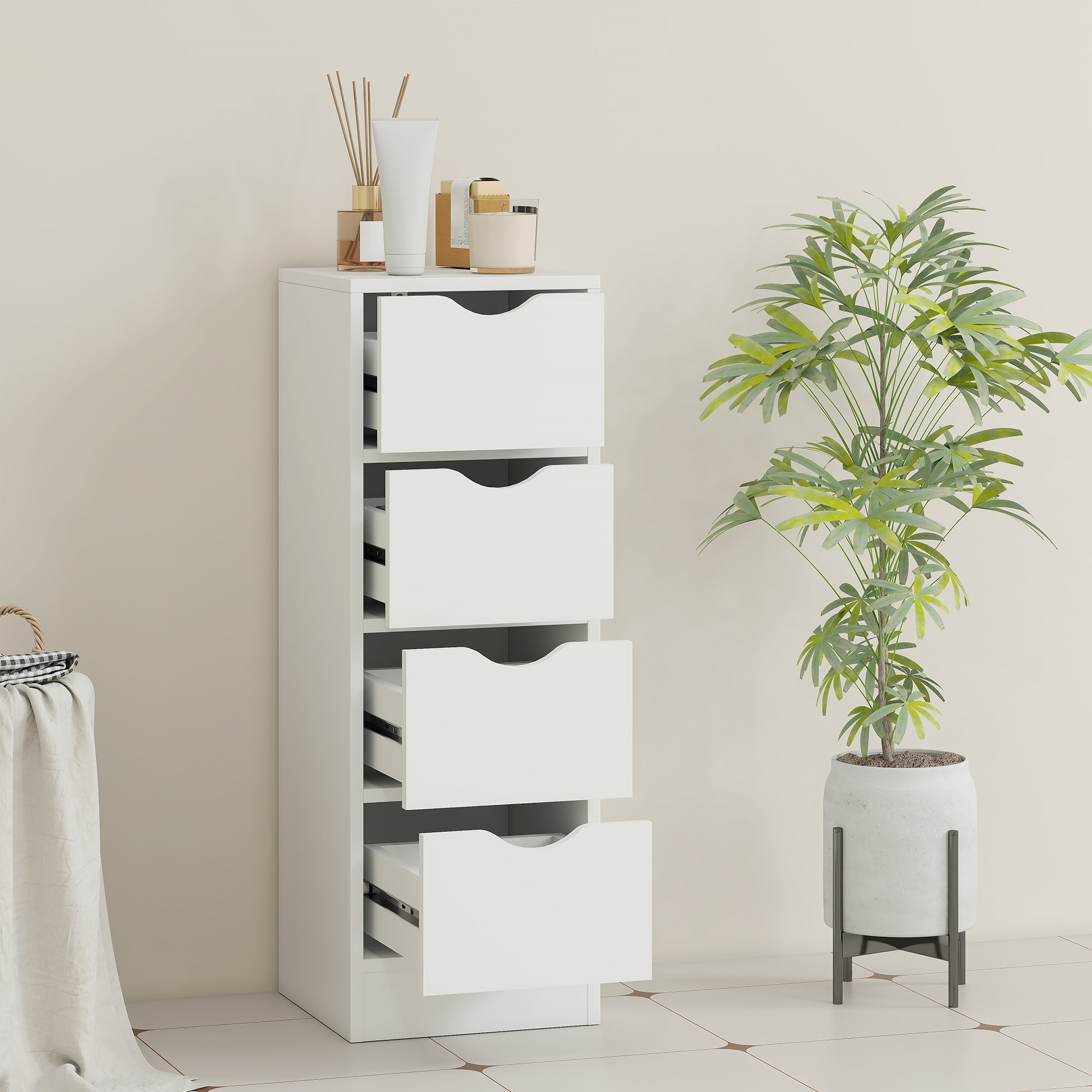 HOMCOM 4-Drawer Bathroom Cabinet, Freestanding Narrow Storage Cabinet with Groove Handles for Small Spaces, White