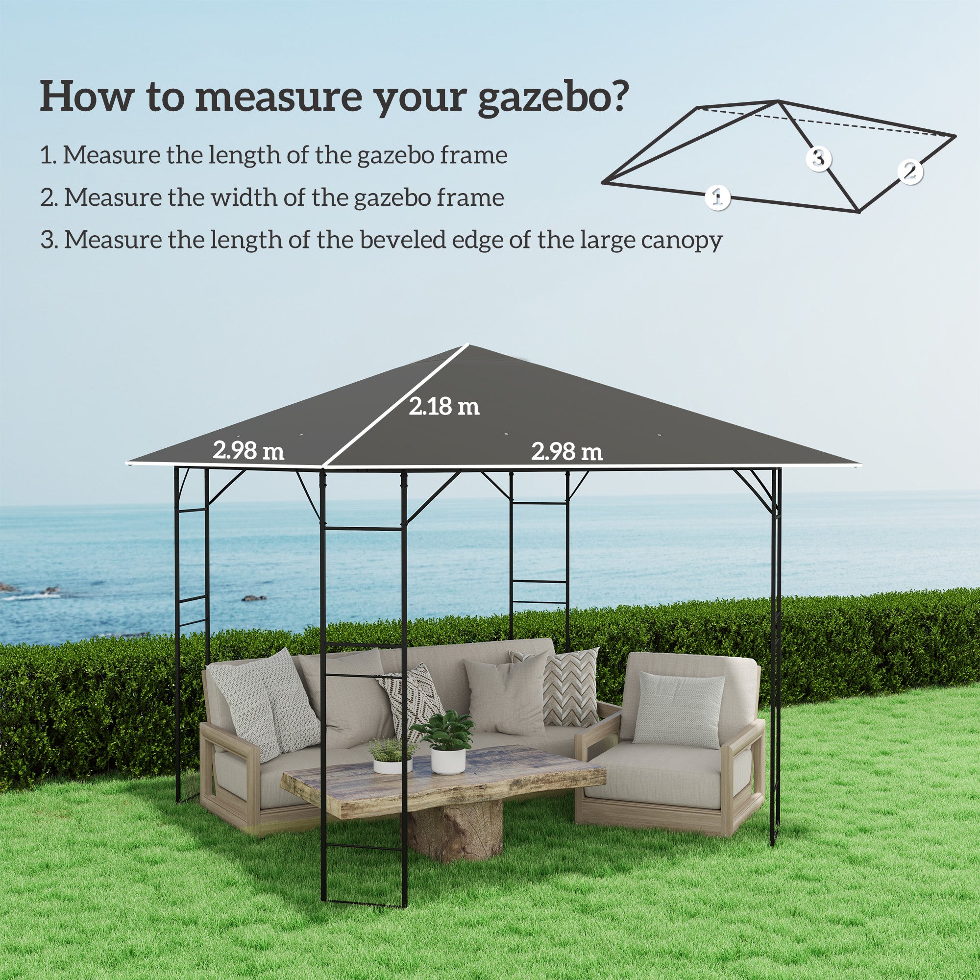 Outsunny 3 x 3(m) Gazebo Canopy Replacement Cover, Garden Gazebo Roof Replacement with Drain Holes, Water Resistant PVC Coating, 370g/?, UPF30+, TOP COVER ONLY, Grey