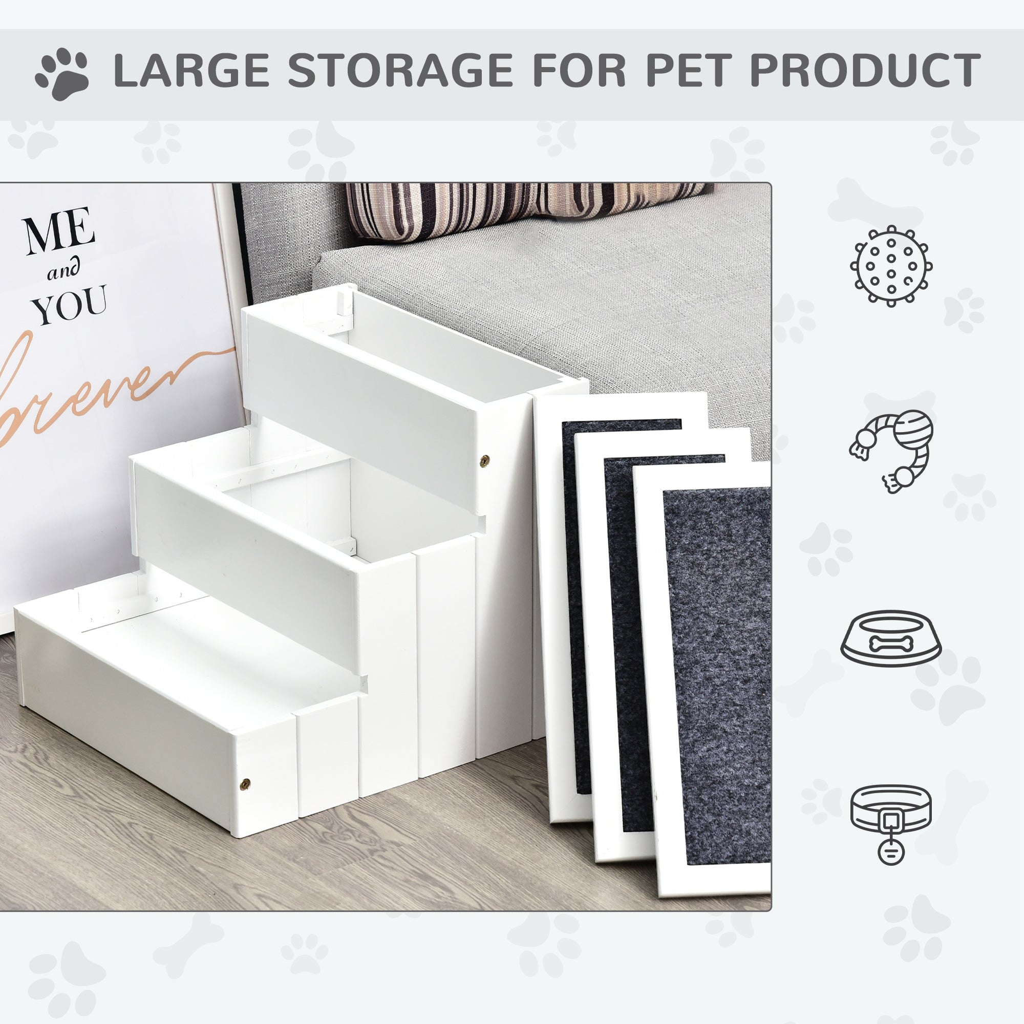 PawHut Dog Steps for Bed Sofa, 3 Step Wooden Dog Stairs for Sofa, Pet Stairs with Storage for Small Cats and Puppy, White