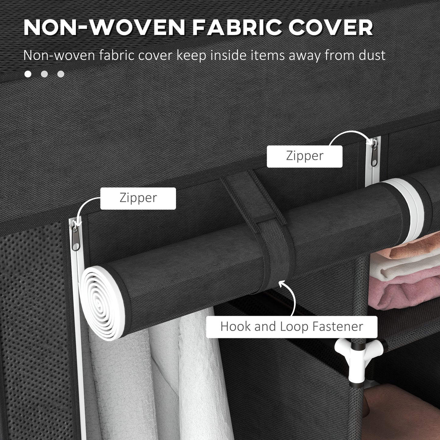 Foldable Fabric Wardrobe for Bedroom, Portable Wardrobe with 5 Shelves, 2 Hanging Rails and 3 Fabric Drawers, Black