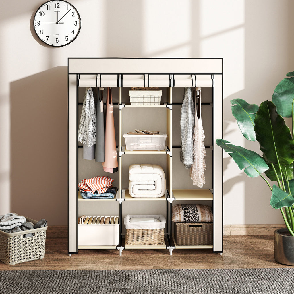 Fabric Wardrobe, with Rails and Shelves - Cream White