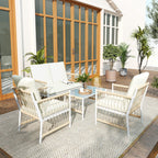 Outsunny 4 Piece Rattan Garden Furniture Set, 4 Seater Wicker Patio Conversation Set with 2 Armchairs, Loveseat, Glass Top Coffee Table and Cushions for Outdoor, Balcony, Khaki