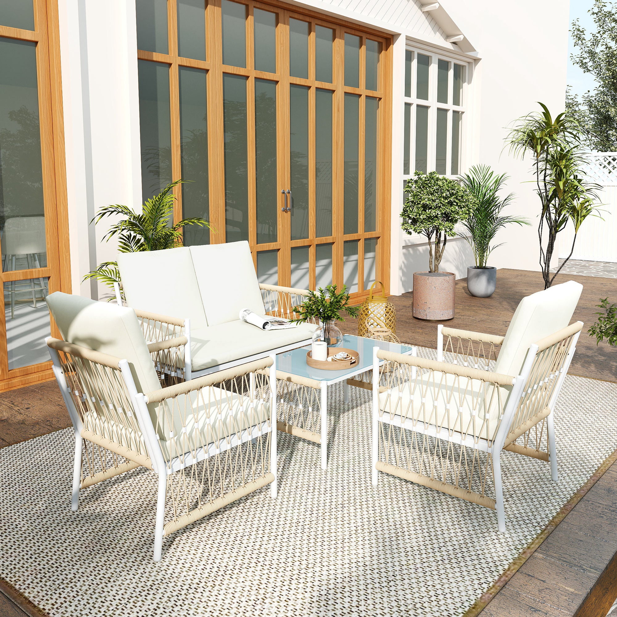Outsunny 4 Piece Rattan Garden Furniture Set, 4 Seater Wicker Patio Conversation Set with 2 Armchairs, Loveseat, Glass Top Coffee Table and Cushions for Outdoor, Balcony, Khaki