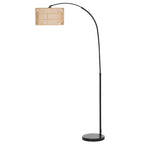 Rattan Floor Lamp for Living Room, Farmhouse Arc Standing Lamp with Dual-Layer Shade & Foot Switch, Height Adjustable Minimalist Tall Pole Lampshade for Bedroom, Office, Black