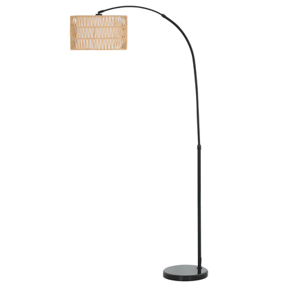 Rattan Floor Lamp for Living Room, Farmhouse Arc Standing Lamp with Dual-Layer Shade & Foot Switch, Height Adjustable Minimalist Tall Pole Lampshade for Bedroom, Office, Black