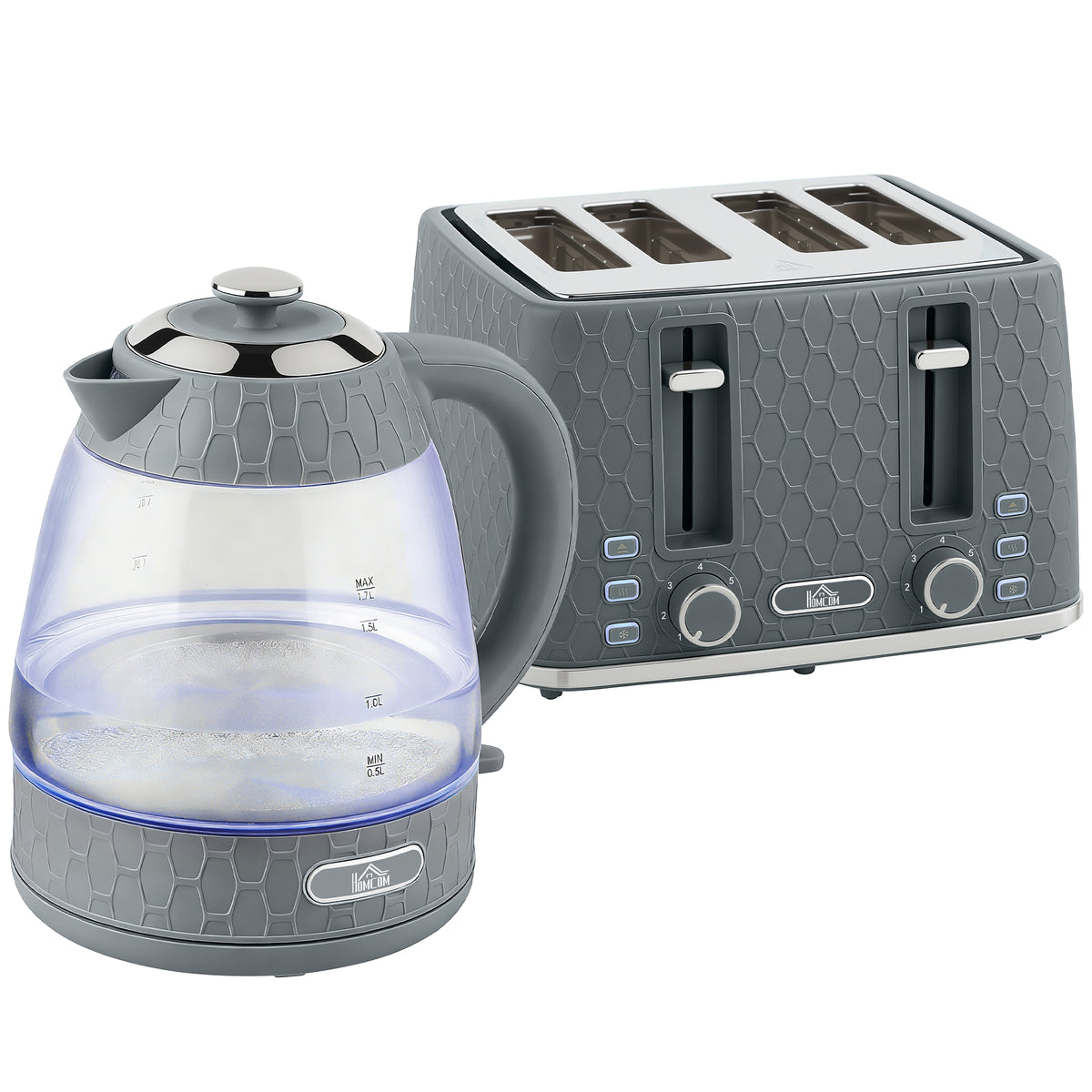 Kettle and Toaster Set, 1.7L 3000W Rapid Kettle with Strix Thermostat, 4 Slice Toaster with 7 Browning Controls, Grey