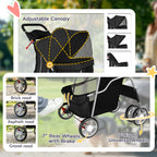 PawHut Dog Pram, Pet Stroller with Reflective Strips, Foldable Cat Stroller with 360° Swivel Wheels, Black