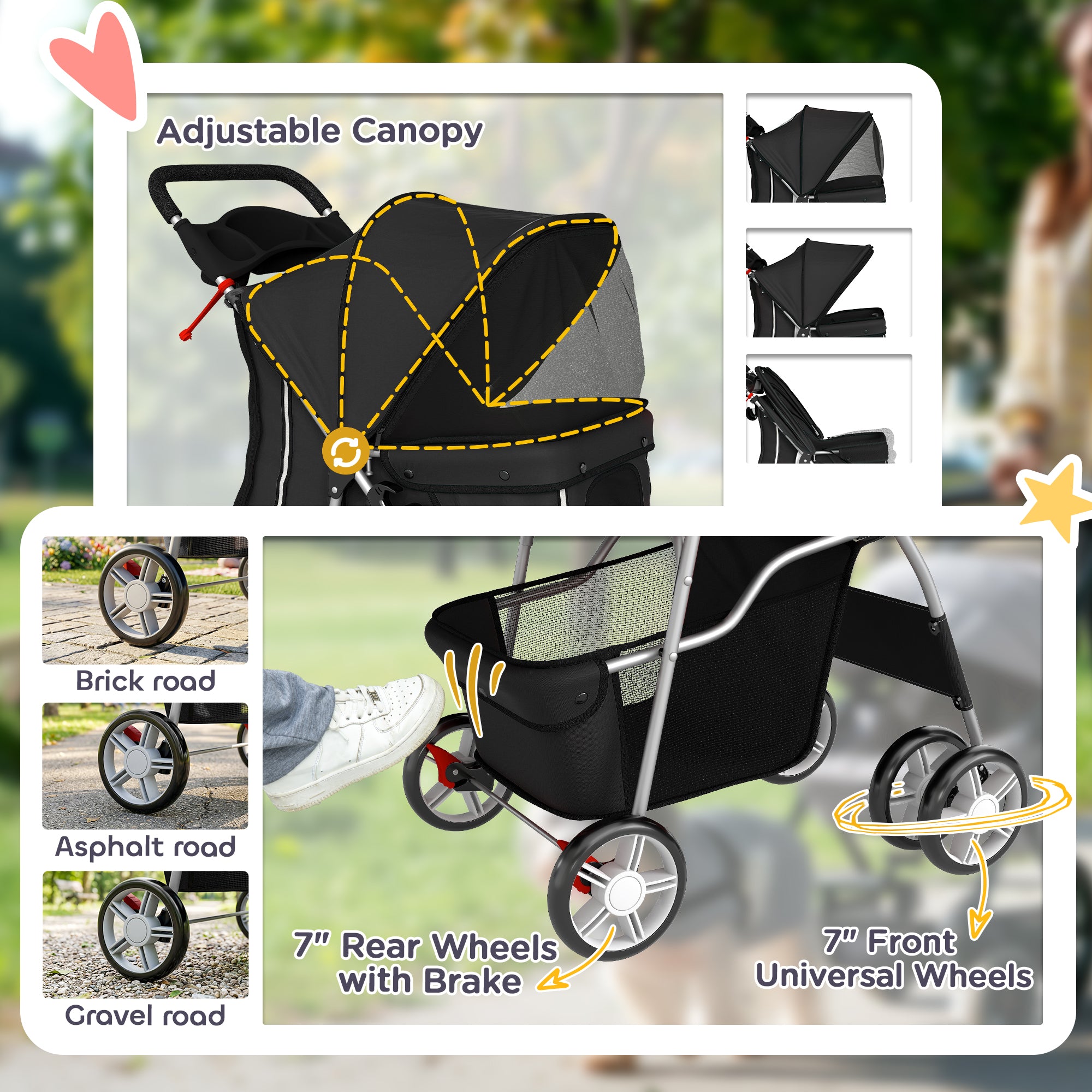 PawHut Dog Pram, Pet Stroller with Reflective Strips, Foldable Cat Stroller with 360° Swivel Wheels, Black