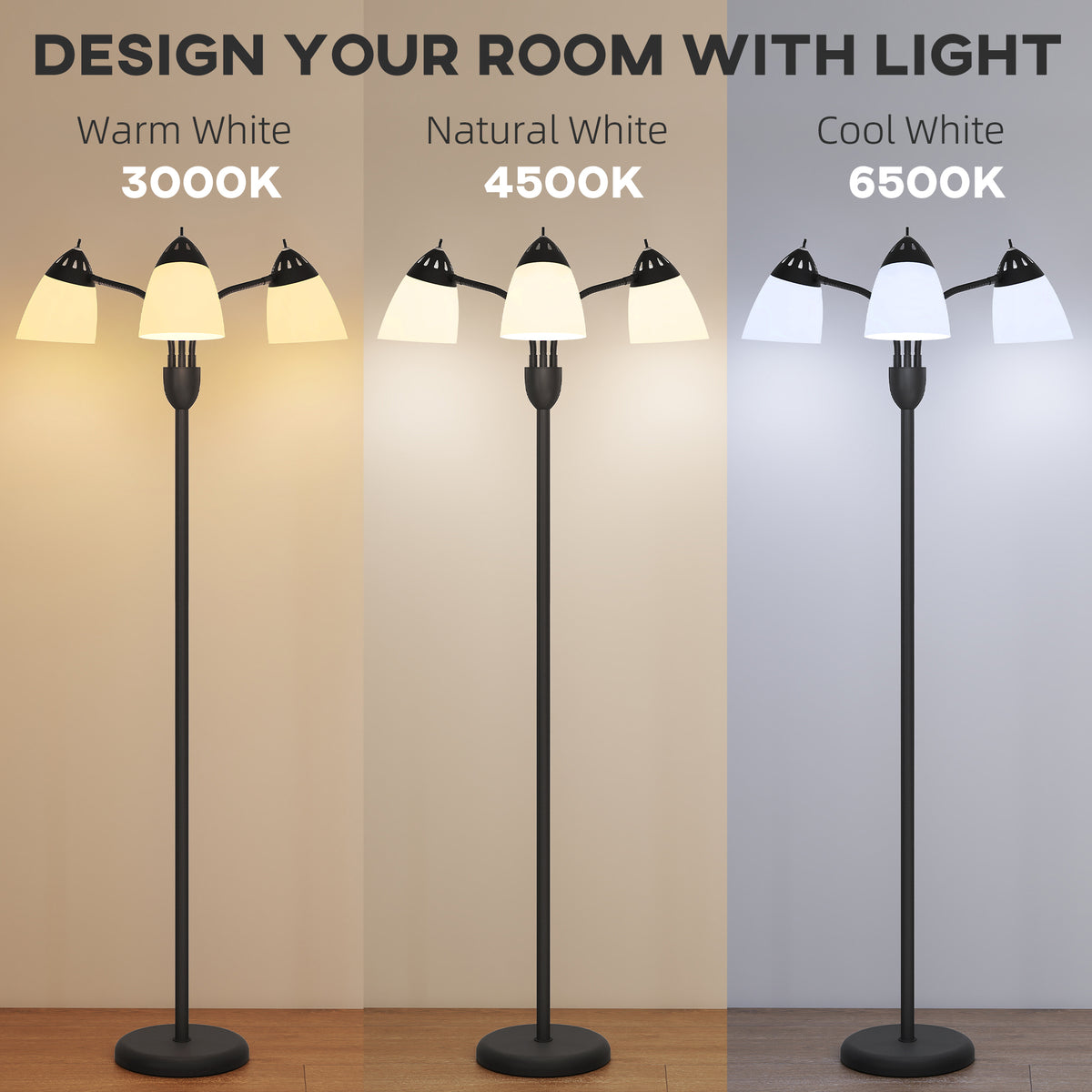 Arc Tree Floor Lamp with 3 Adjustable Rotating Lights and 3000K/4500K/6500K Colour Temperatures, Industrial Standing Lamp with Steel Frame for Bedroom Living Room, 155cm, Black