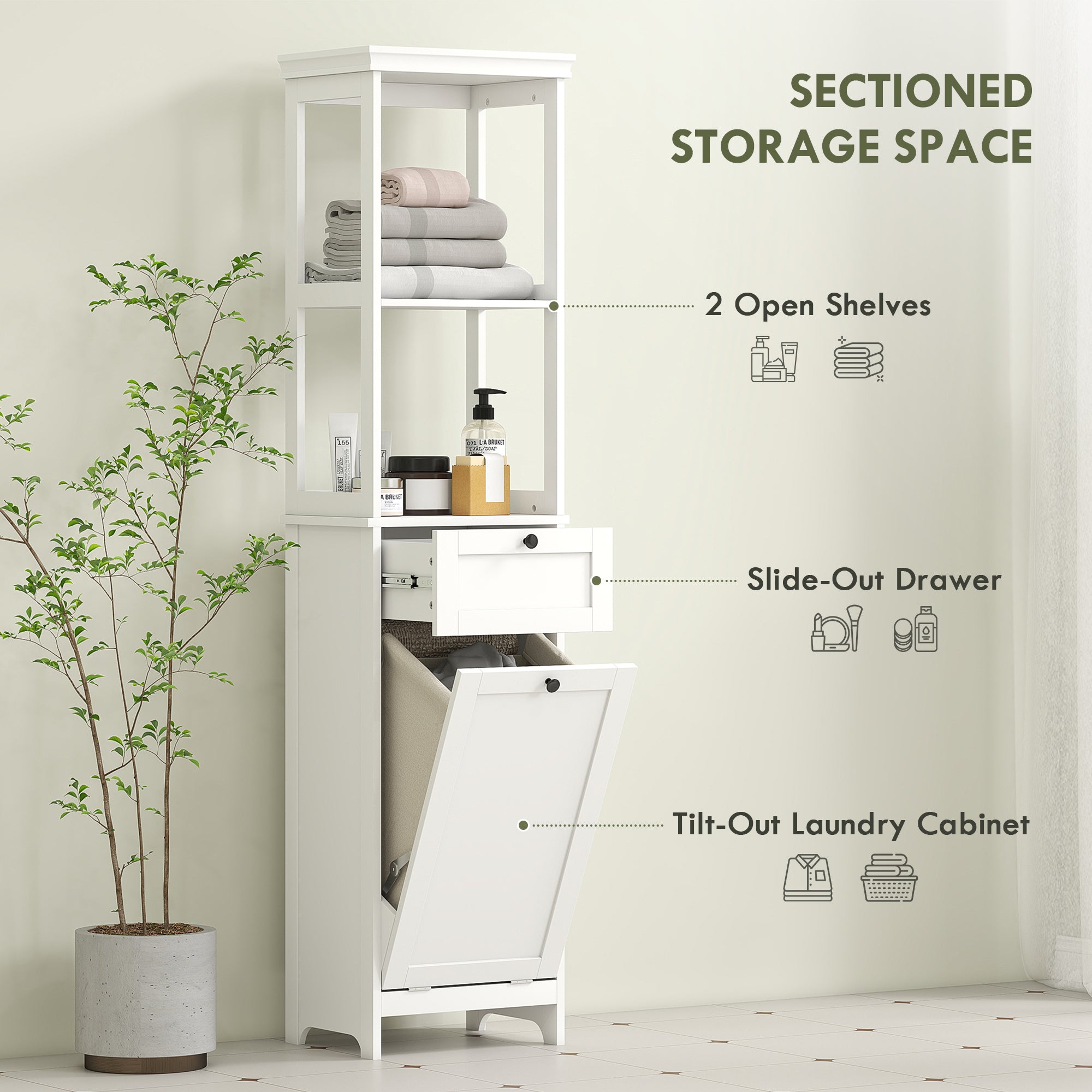 HOMCOM Tall Bathroom Cabinet, with Laundry Basket - White