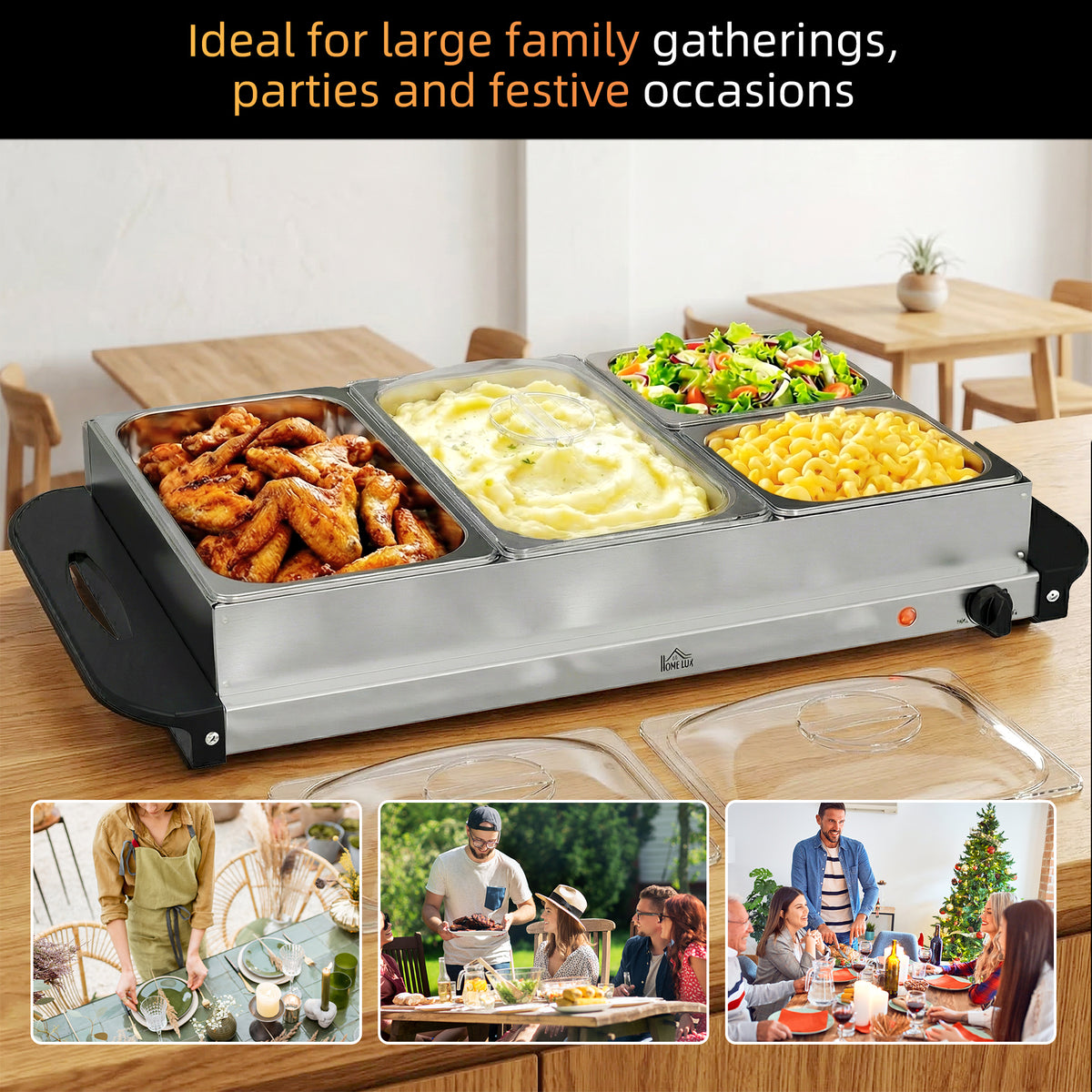 4 Tray Electric Food Warmer Buffet Server with Warming Plate, Cool Touch Handles, Adjustable Temperature, 300W, 2 x 2.4L and 2 x 1L Pans