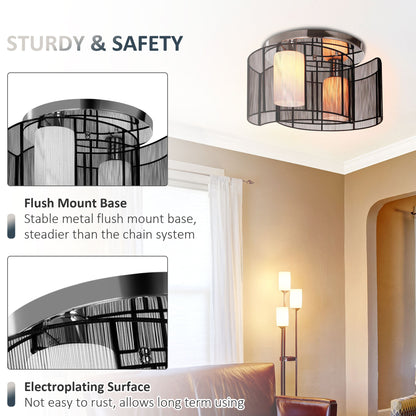 Modern Chandelier, Semi-Flush Mount Ceiling Light with Glass Lampshade, 2 x E27 Bulb Base for Hallway, Dining Room, Living Room, White and Black
