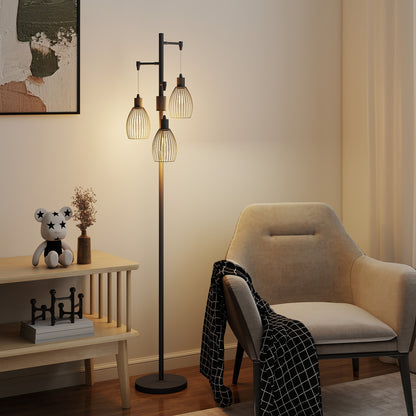 3-Light LED Floor Lamp, 170cm Industrial Dimmable Standing Lamp with Steel Wire Cage Lampshades, 2700K for Living Room, Bedroom, Dining Room, Study, Black