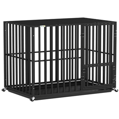 PawHut Heavy Duty Dog Crate, Dog Cage with Wheels for Medium Large Breeds with Removable Tray, Black