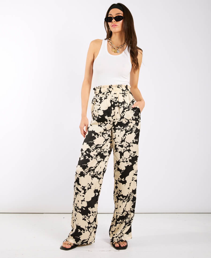 Black and Ivory Printed Wide Trousers